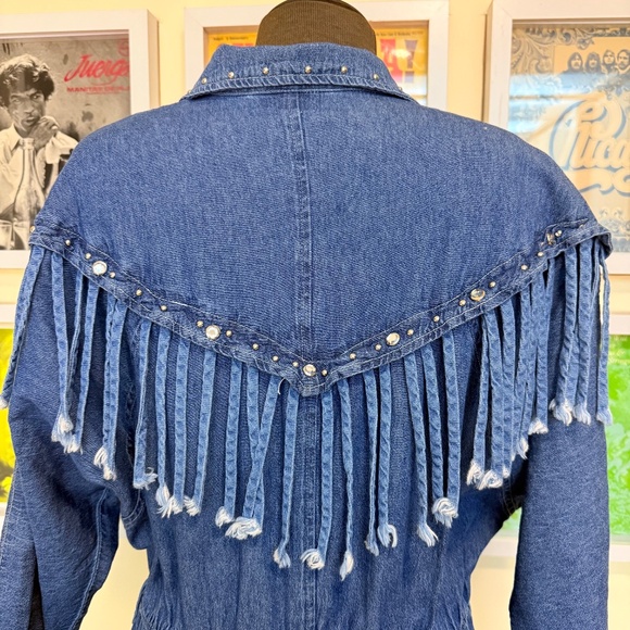 💙 Vintage 90s Western Bedazzled Denim Fringe Dress 💙 - Picture 9 of 13
